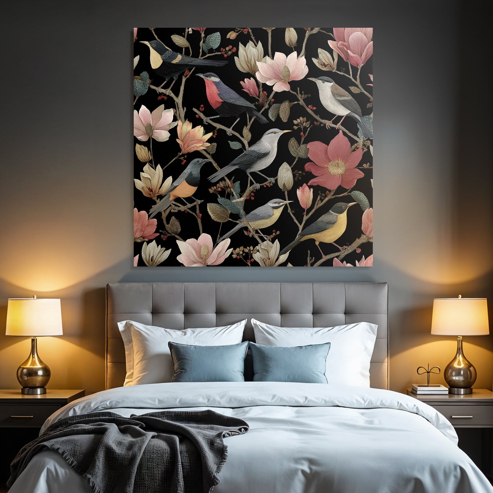 Vogel Und Blumen Illustration Dunkler Hintergrund.decorative Prints