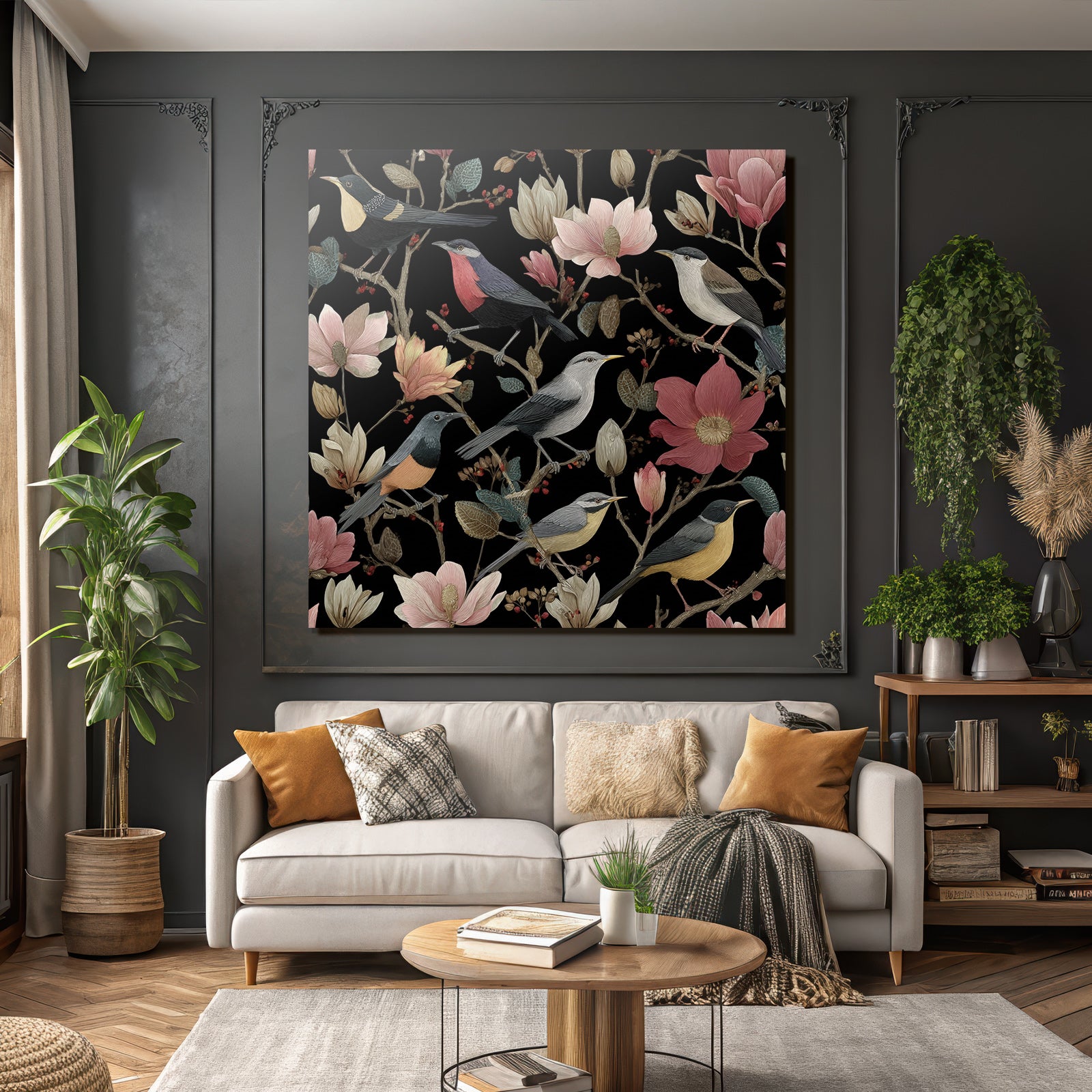 Vogel Und Blumen Illustration Dunkler Hintergrund.decorative Prints