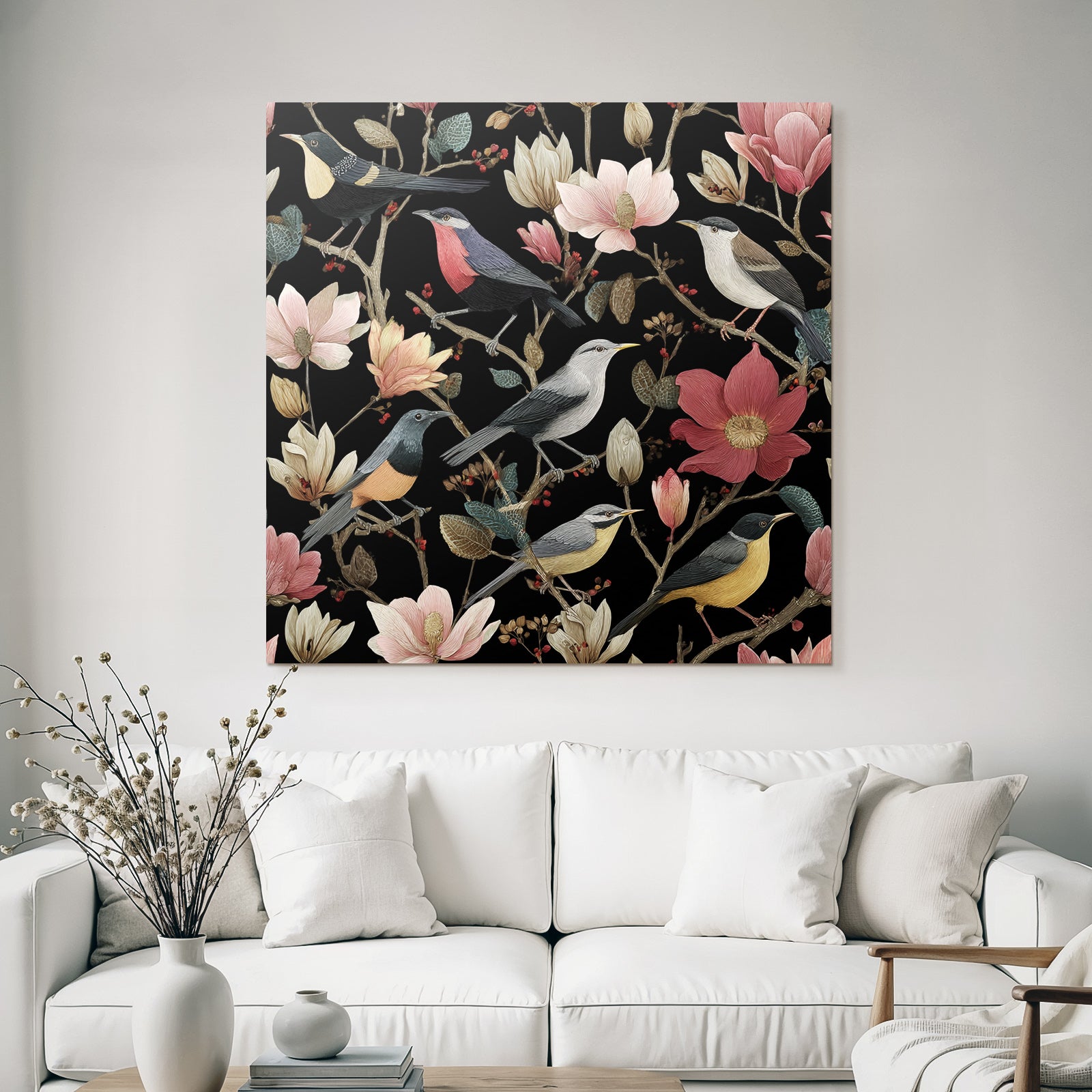 Vogel Und Blumen Illustration Dunkler Hintergrund.decorative Prints