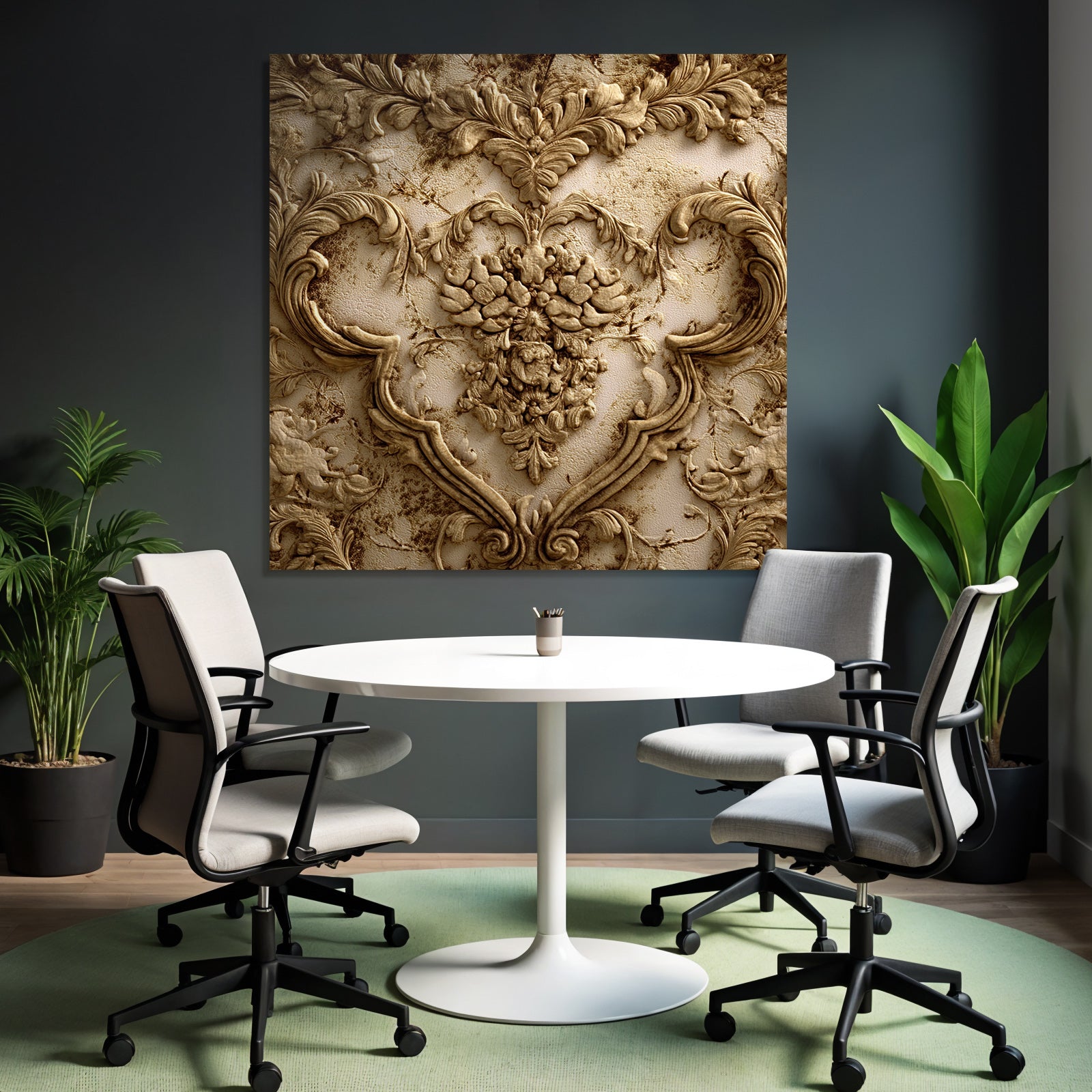 Wall texture with floral motifs and relief sculptures gold bronze finish