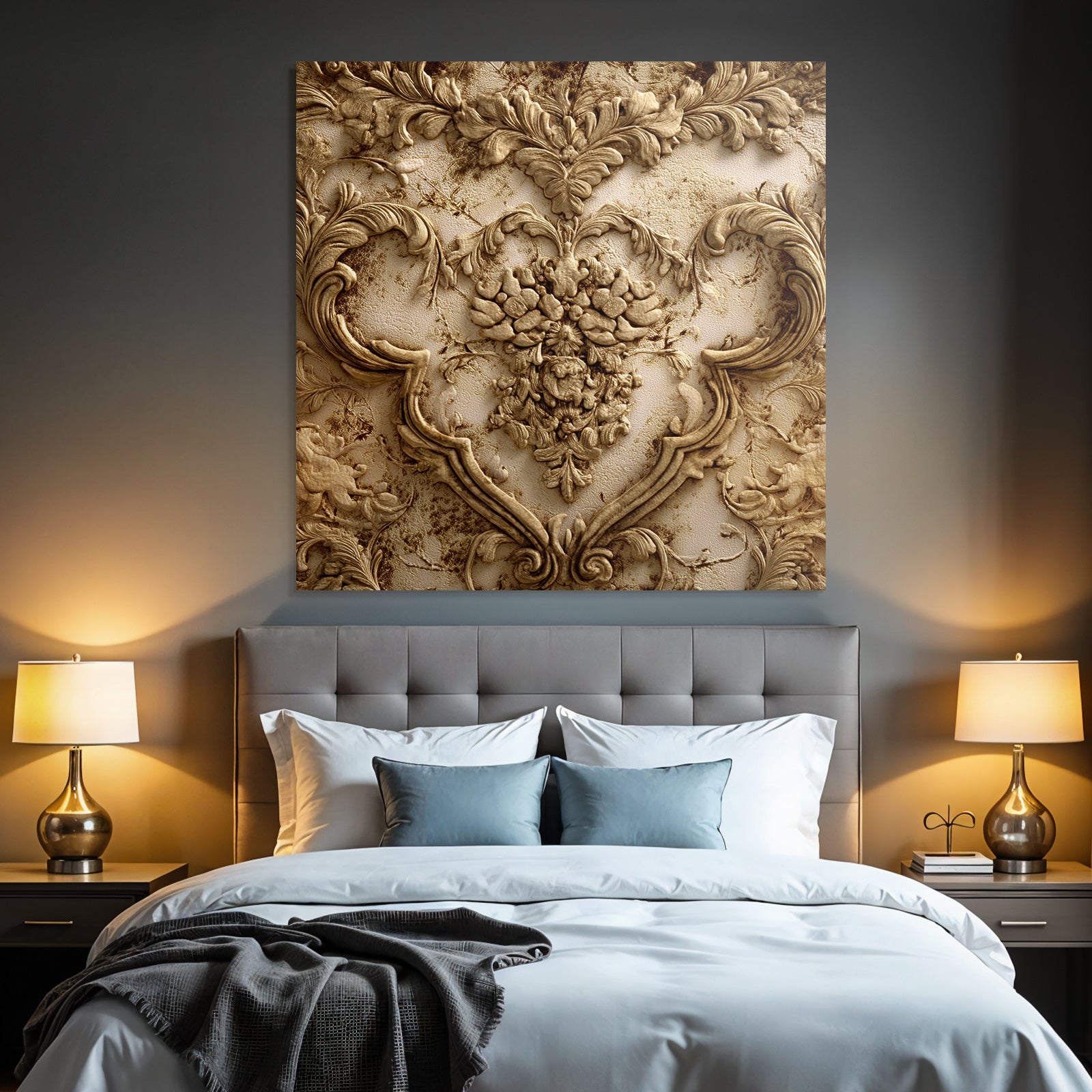 Wall texture with floral motifs and relief sculptures gold bronze finish