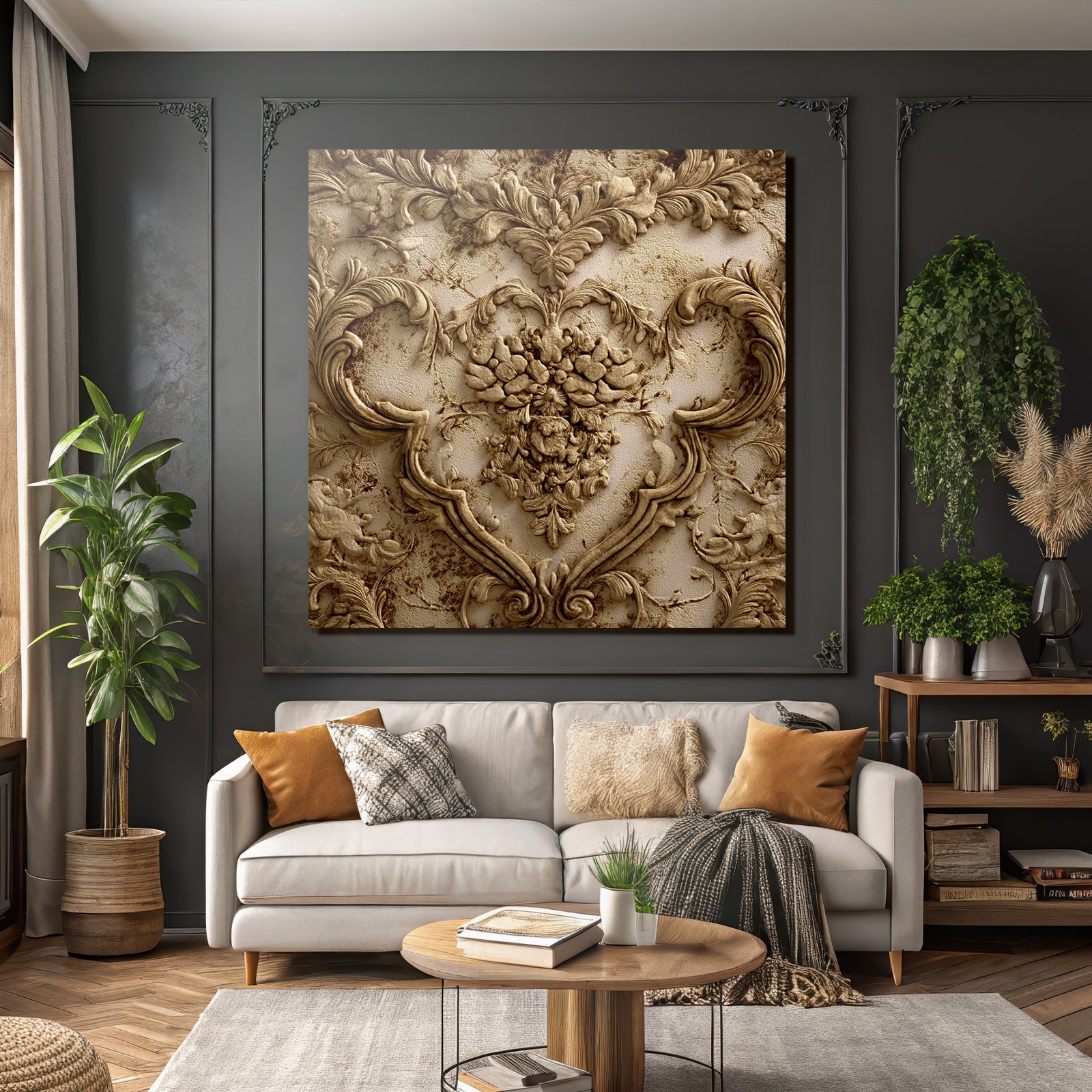 Wall texture with floral motifs and relief sculptures gold bronze finish