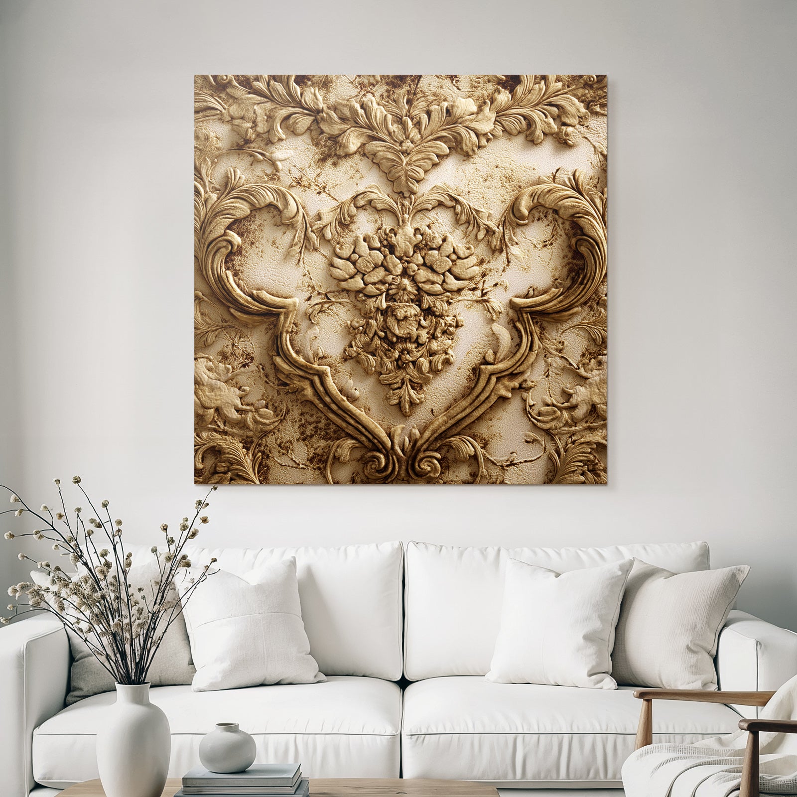 Wall texture with floral motifs and relief sculptures gold bronze finish