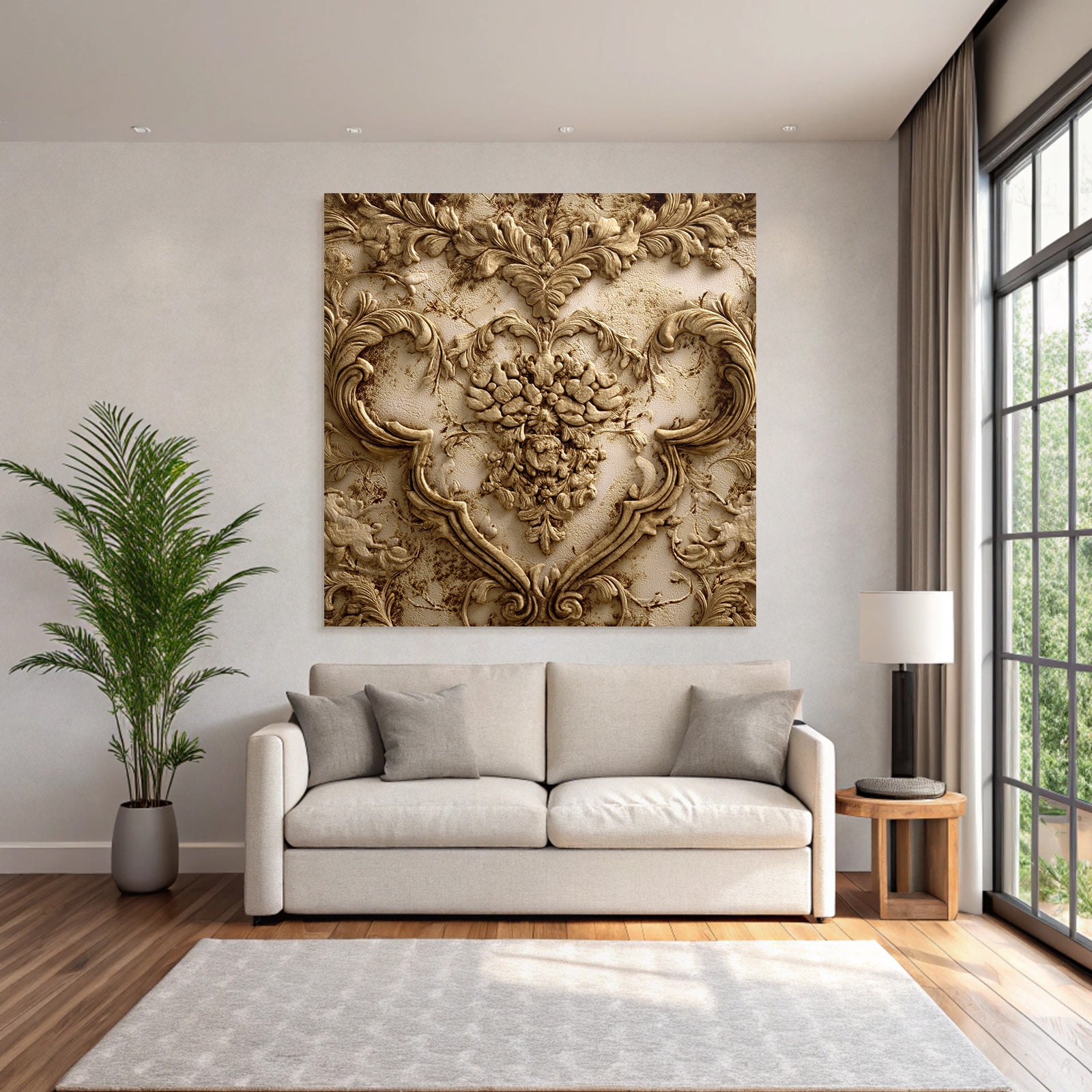 Wall texture with floral motifs and relief sculptures gold bronze finish
