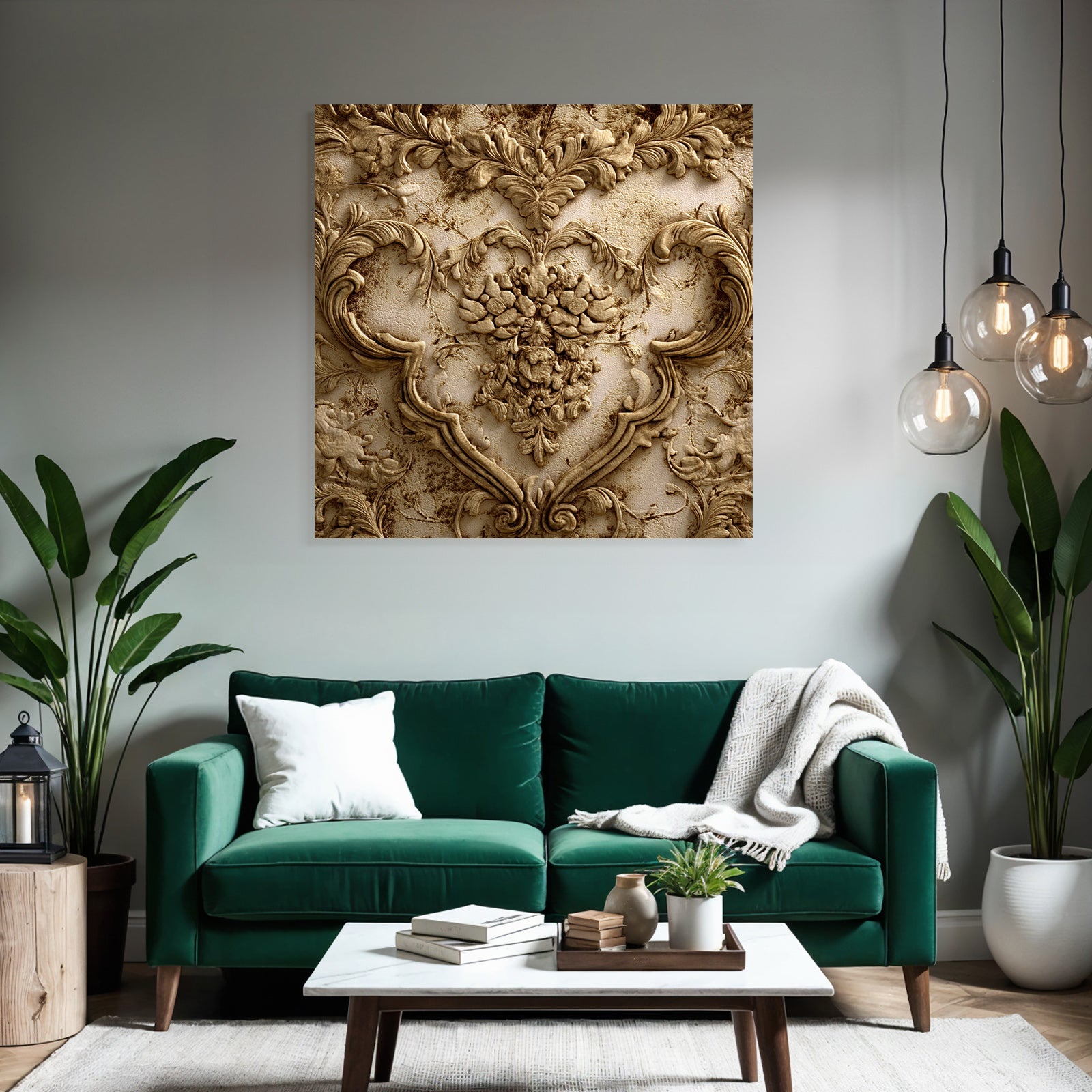 Wall texture with floral motifs and relief sculptures gold bronze finish