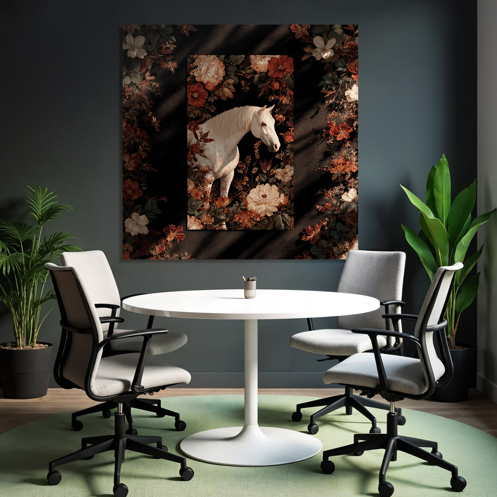 Weisser Pferd Blumen Erkundung Kunstvoll Dunkler Hintergrund