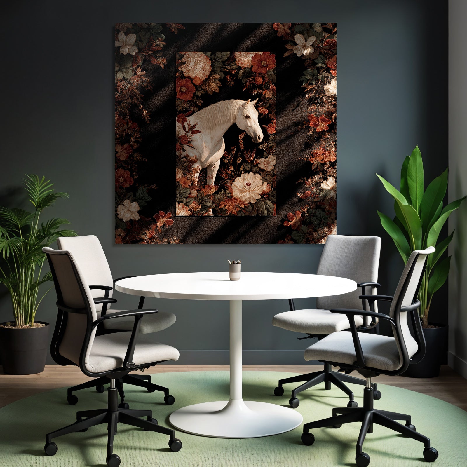 Weisser Pferd Blumen Erkundung Kunstvoll Dunkler Hintergrund