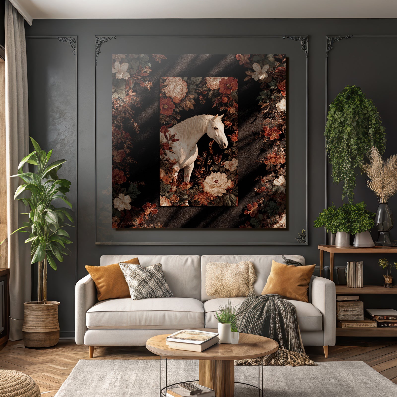 Weisser Pferd Blumen Erkundung Kunstvoll Dunkler Hintergrund