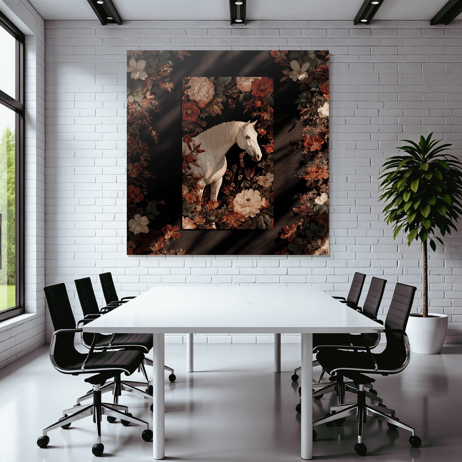 Weisser Pferd Blumen Erkundung Kunstvoll Dunkler Hintergrund