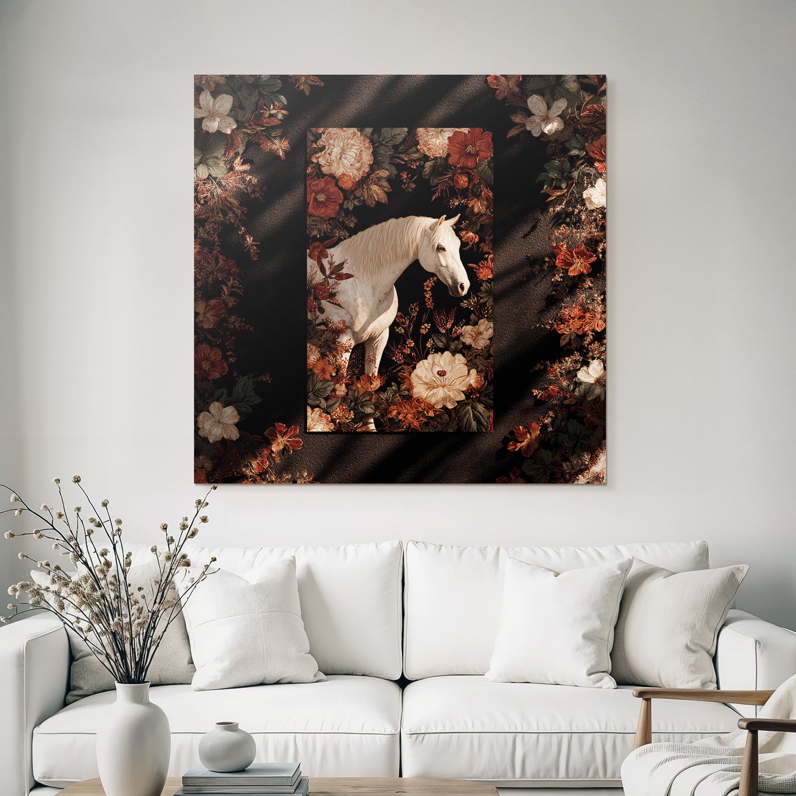 Weisser Pferd Blumen Erkundung Kunstvoll Dunkler Hintergrund