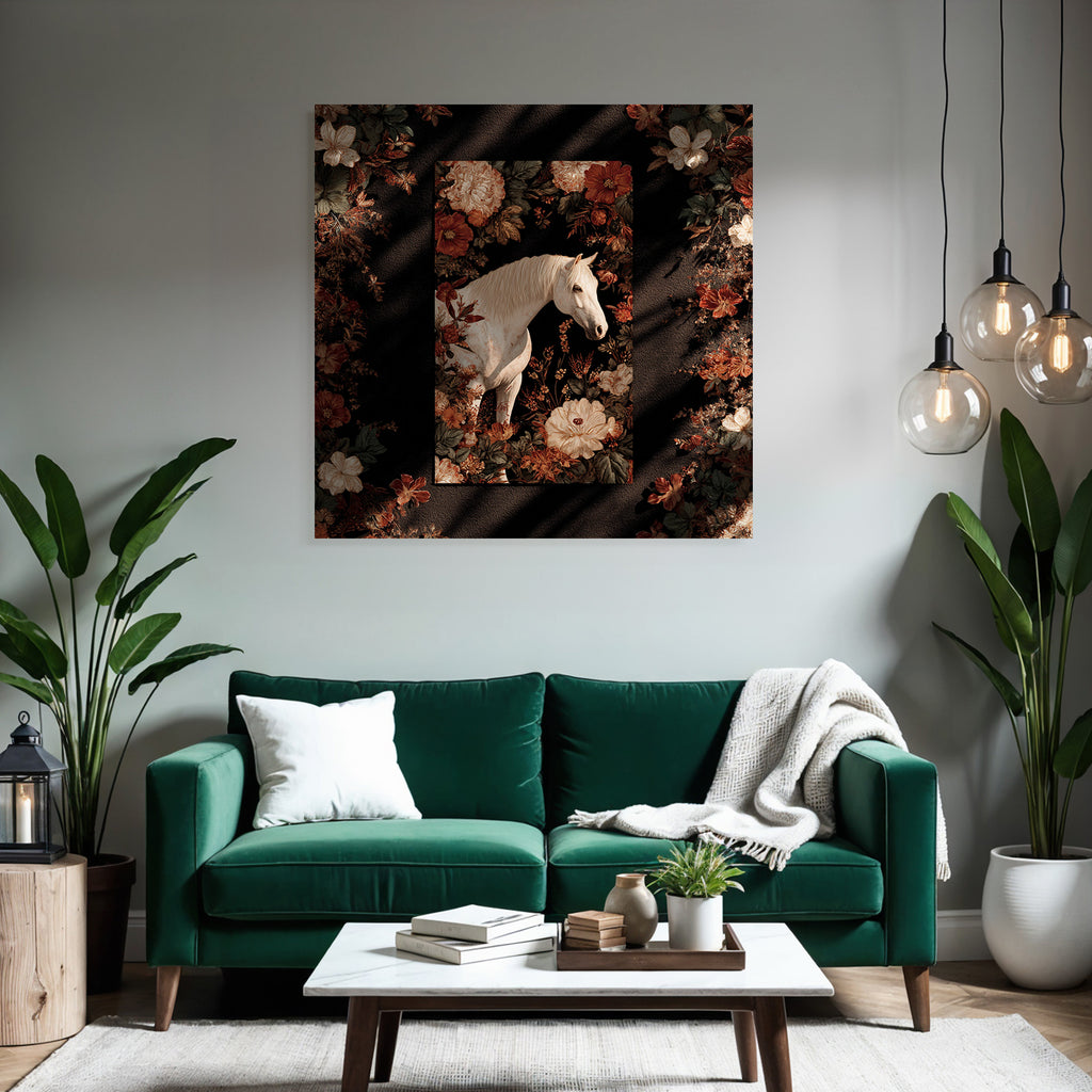 Weisser Pferd Blumen Erkundung Kunstvoll Dunkler Hintergrund