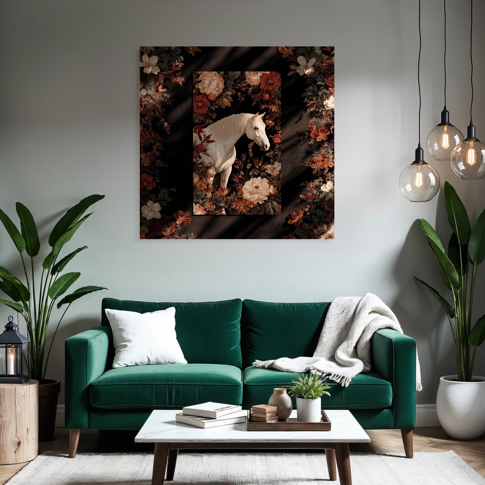 Weisser Pferd Blumen Erkundung Kunstvoll Dunkler Hintergrund