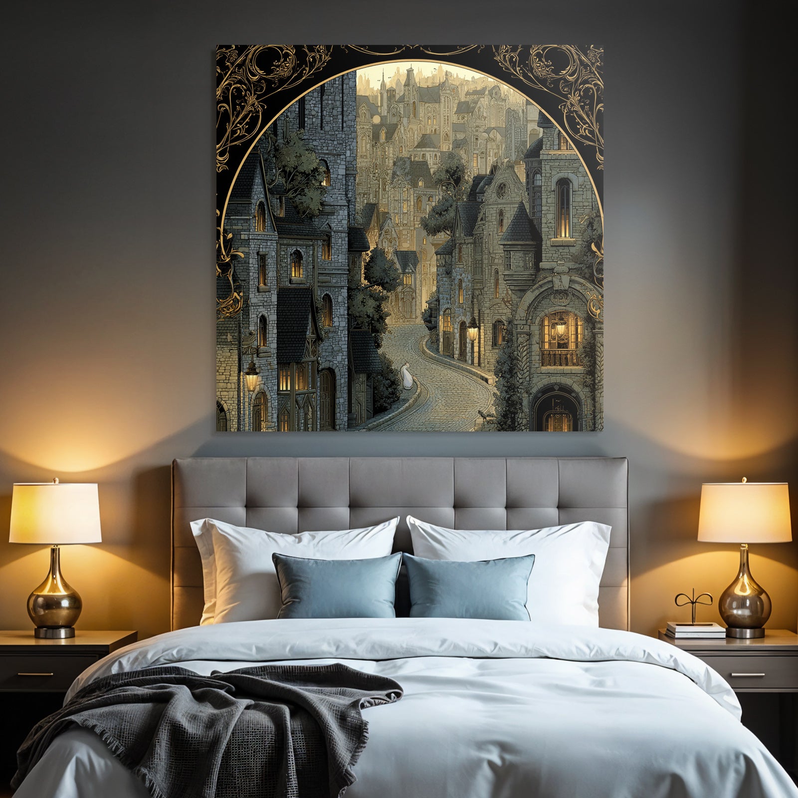 Wunderschoene Illustration Architektonische Szene Mit Cobblestone Strasse Vintage Stil