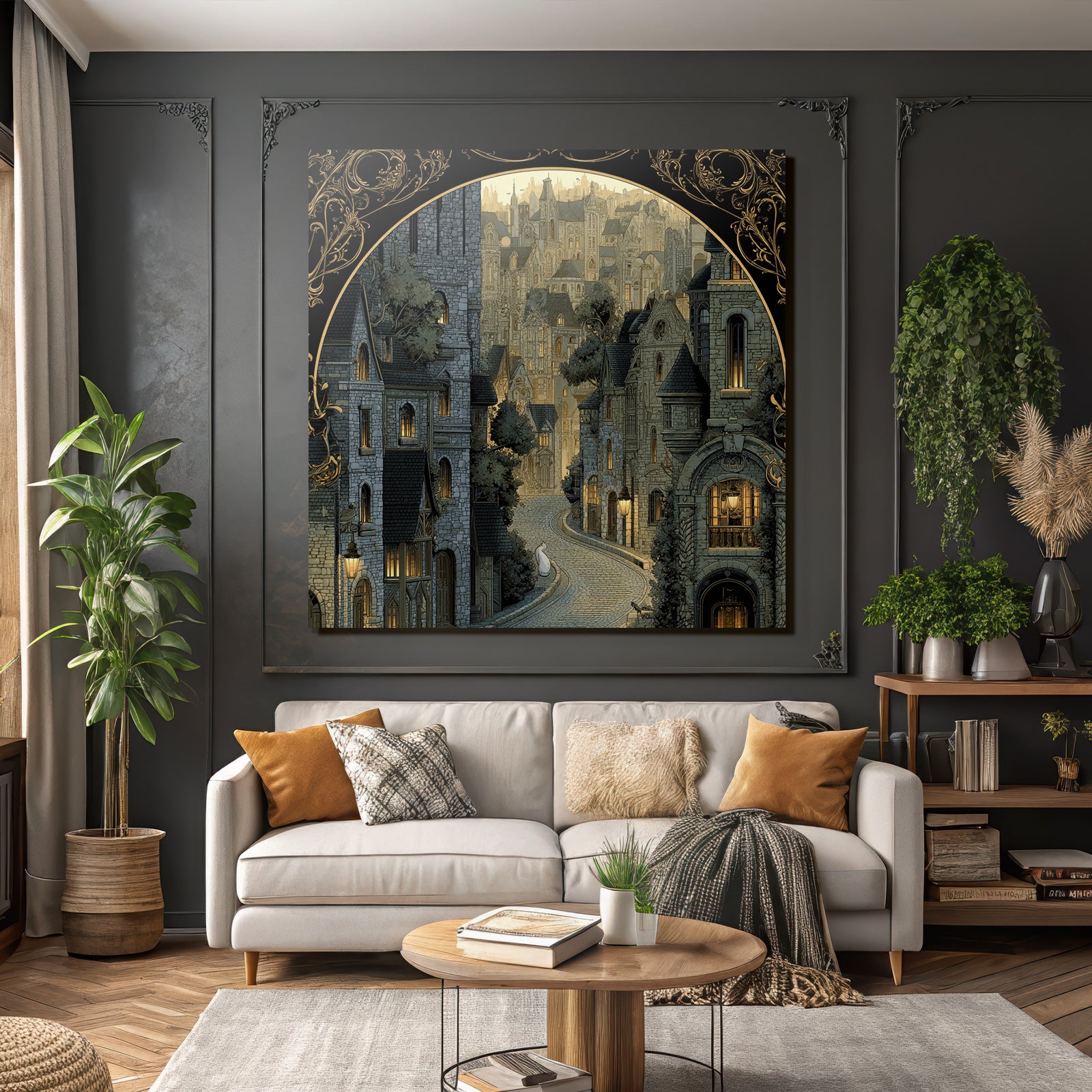 Wunderschoene Illustration Architektonische Szene Mit Cobblestone Strasse Vintage Stil
