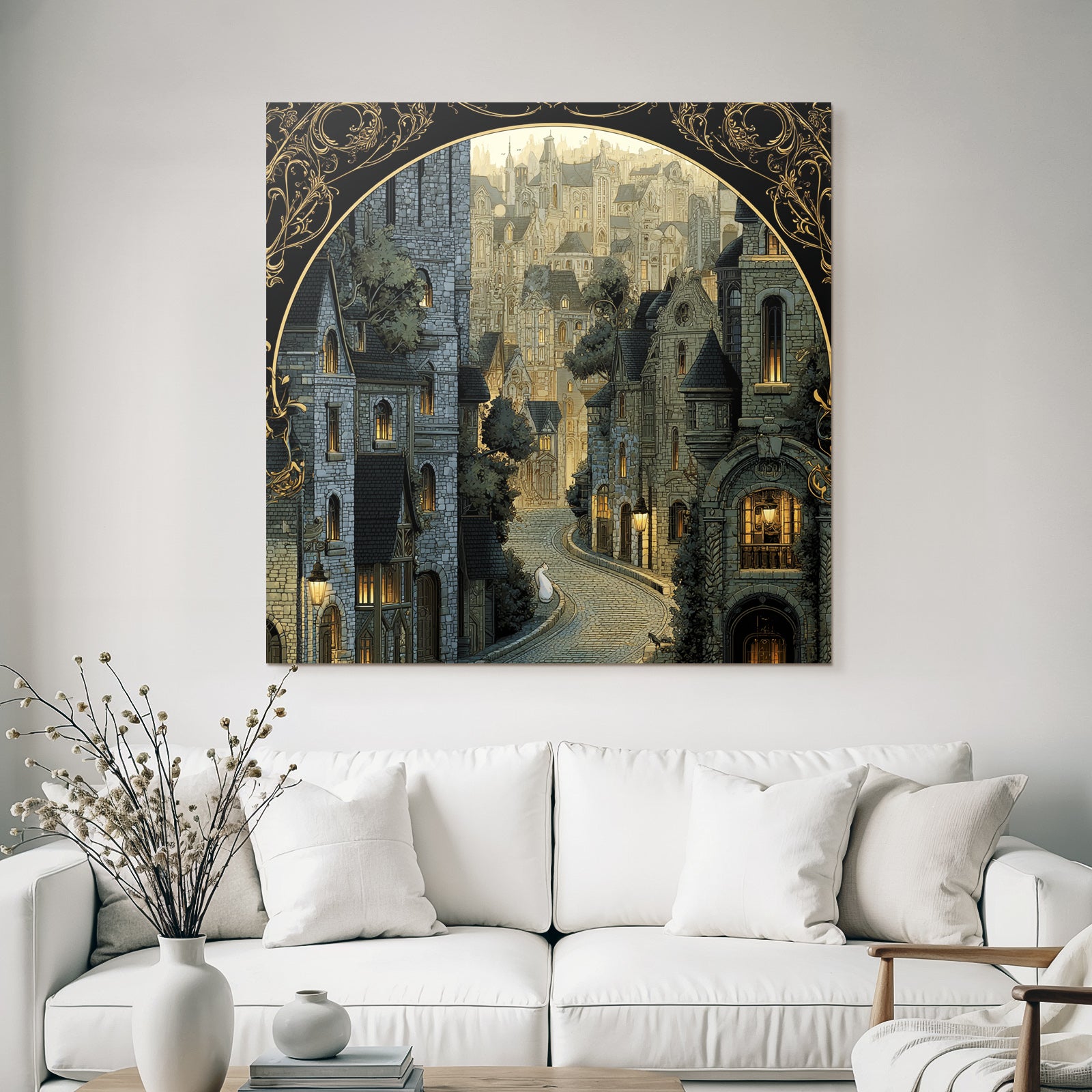 Wunderschoene Illustration Architektonische Szene Mit Cobblestone Strasse Vintage Stil