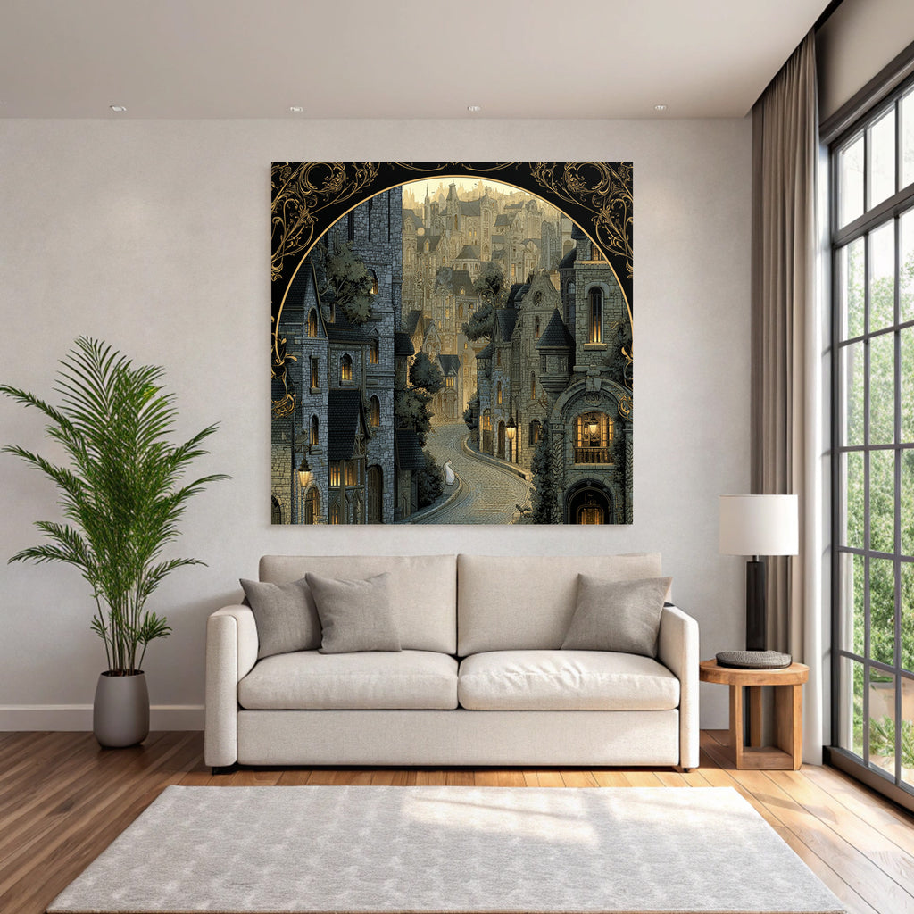 Wunderschoene Illustration Architektonische Szene Mit Cobblestone Strasse Vintage Stil