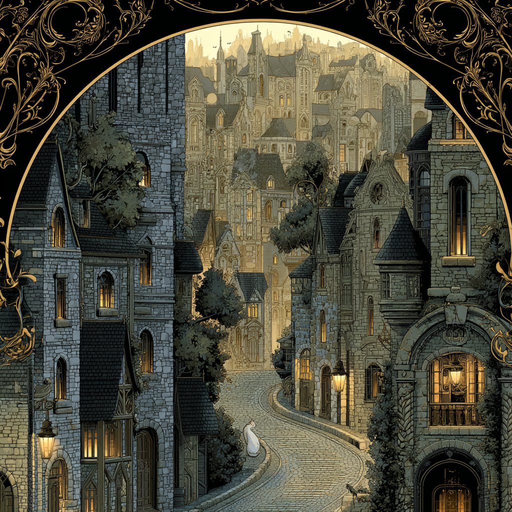 Wunderschoene Illustration Architektonische Szene Mit Cobblestone Strasse Vintage Stil | Klassisch | Einrichtungsstile