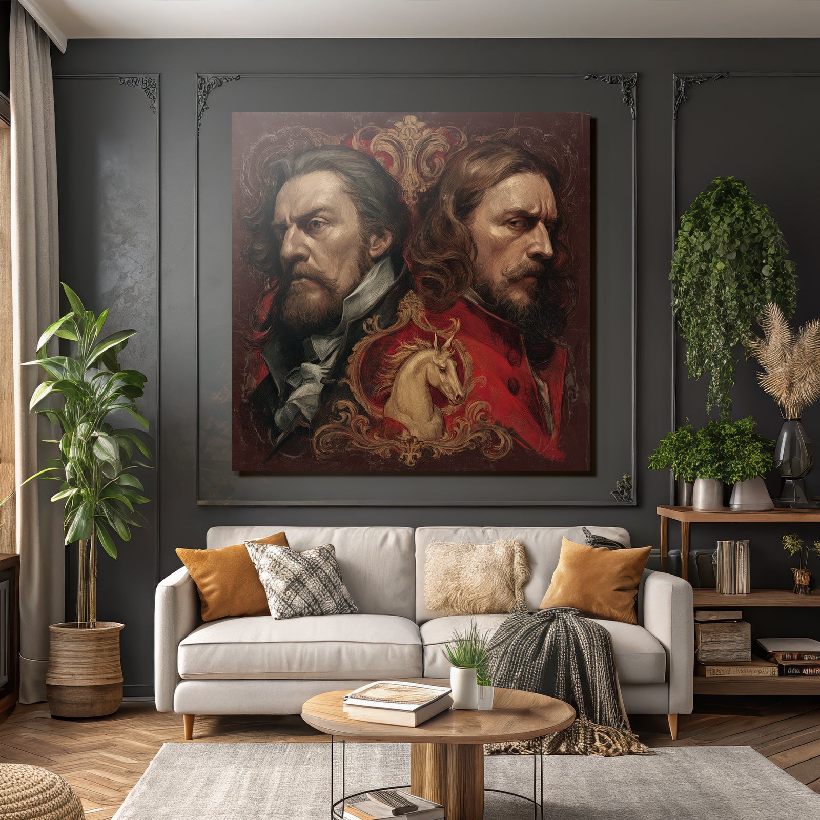 Zwei Maenner Unicorn Hintergrund Kunstvolle Darstellung