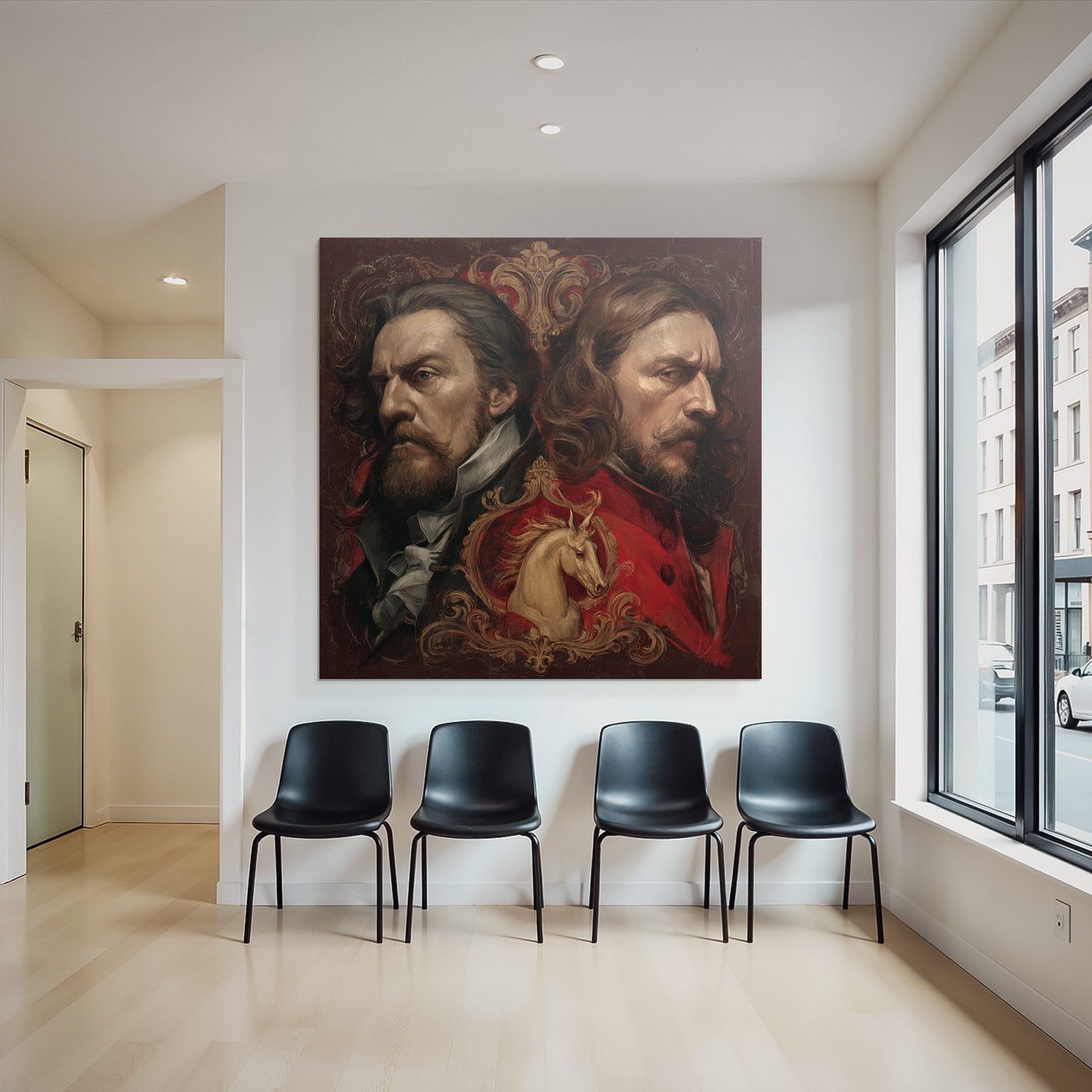 Zwei Maenner Unicorn Hintergrund Kunstvolle Darstellung