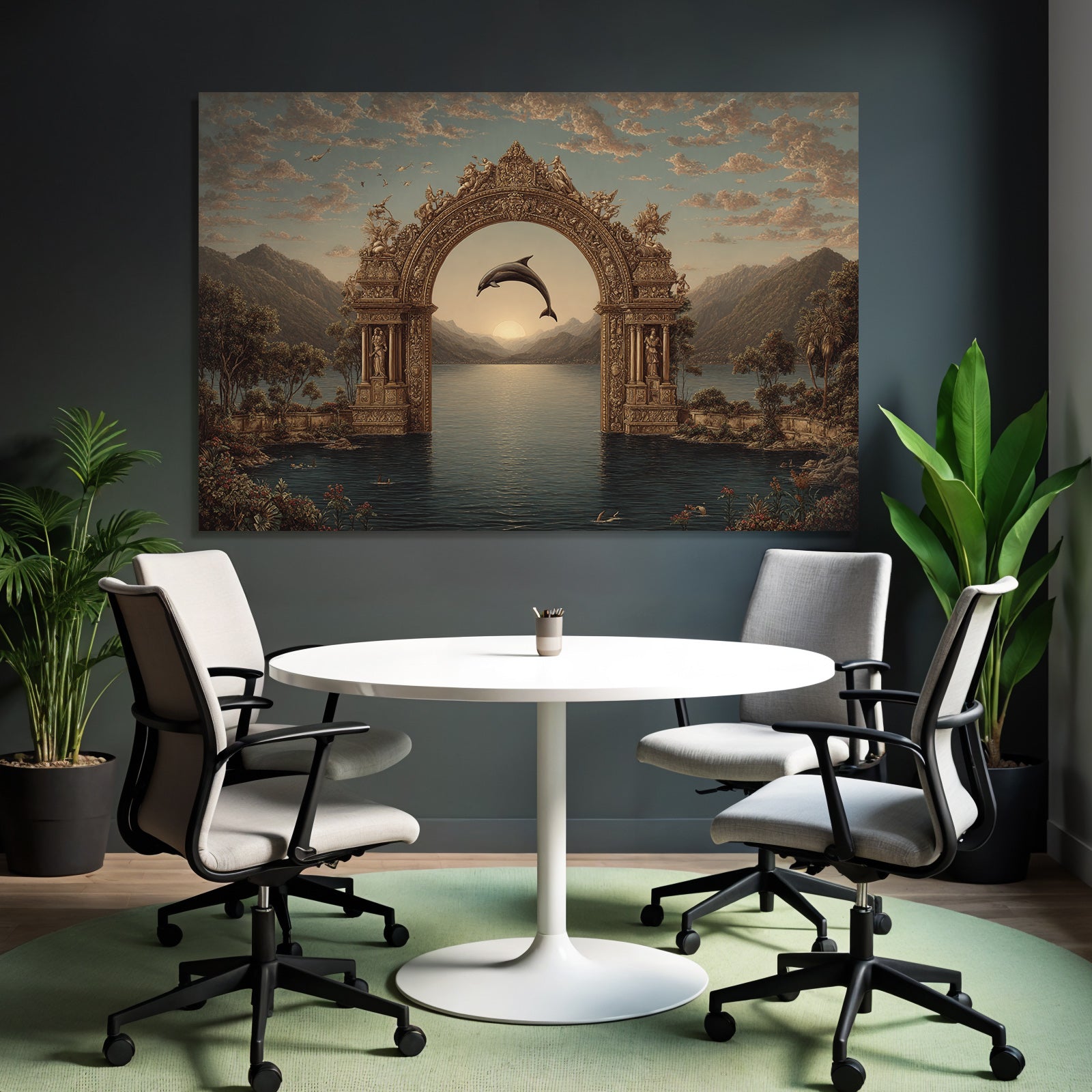 Archway Mountains Serene Water Dolphin Sunset Mystique