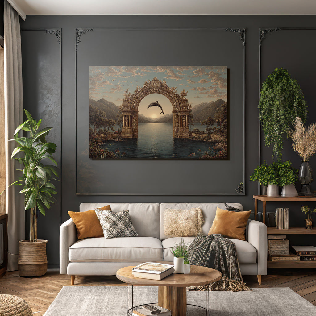 Archway Mountains Serene Water Dolphin Sunset Mystique
