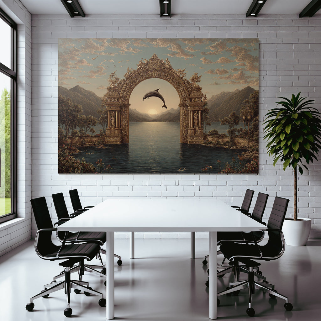 Archway Mountains Serene Water Dolphin Sunset Mystique