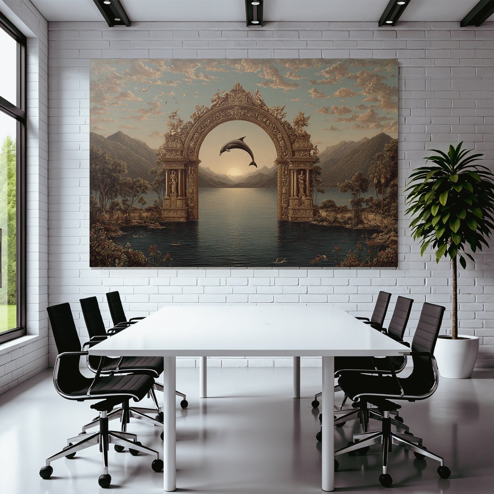 Archway Mountains Serene Water Dolphin Sunset Mystique