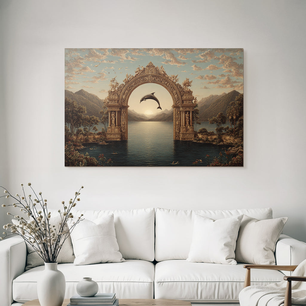 Archway Mountains Serene Water Dolphin Sunset Mystique
