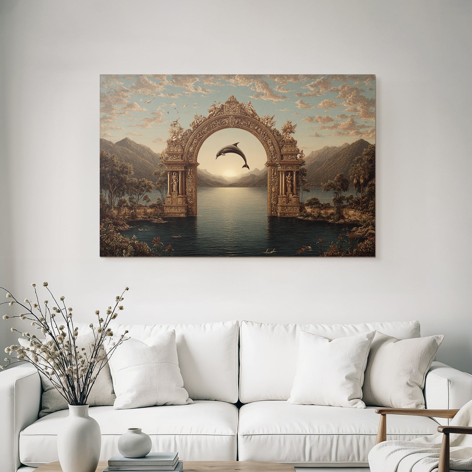 Archway Mountains Serene Water Dolphin Sunset Mystique