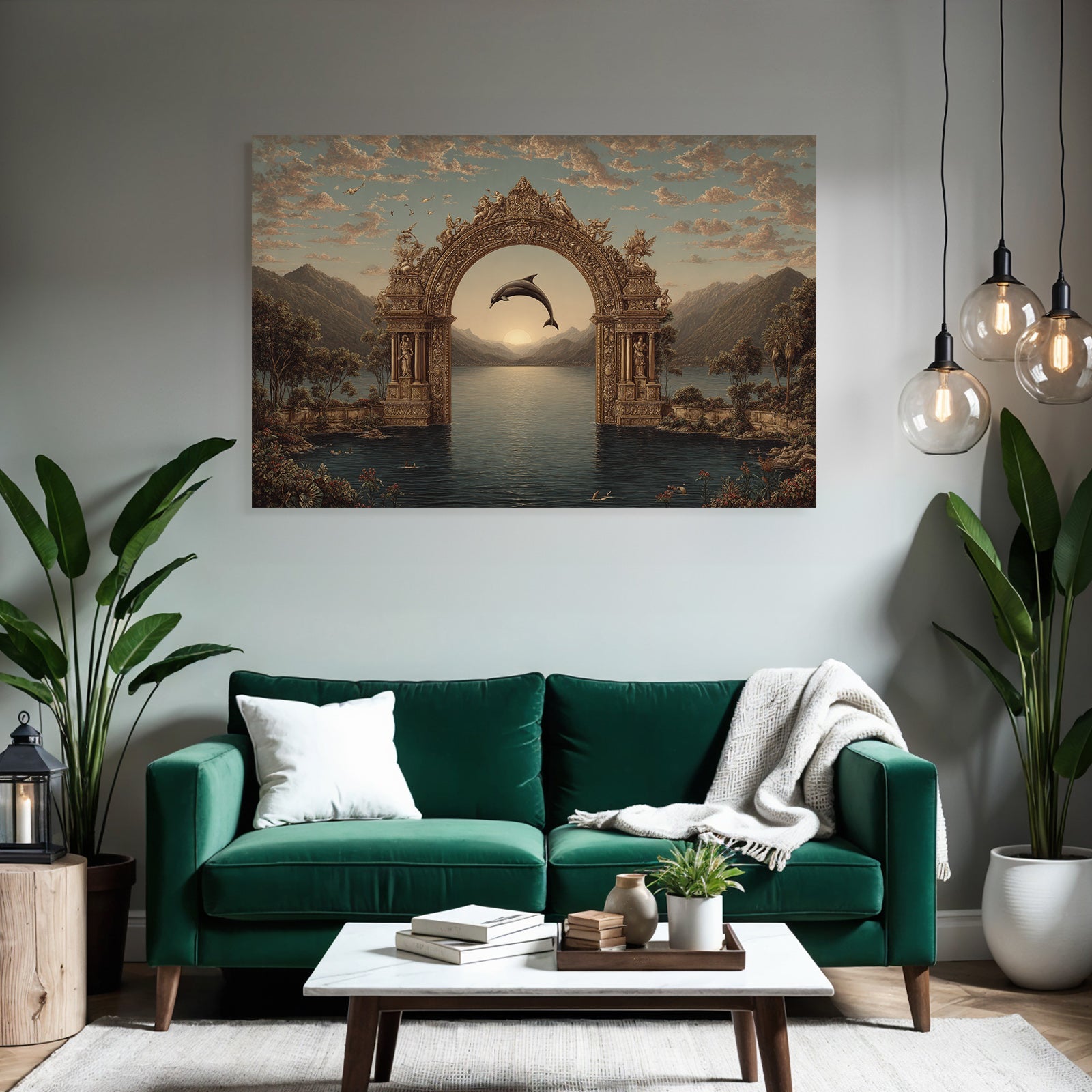 Archway Mountains Serene Water Dolphin Sunset Mystique