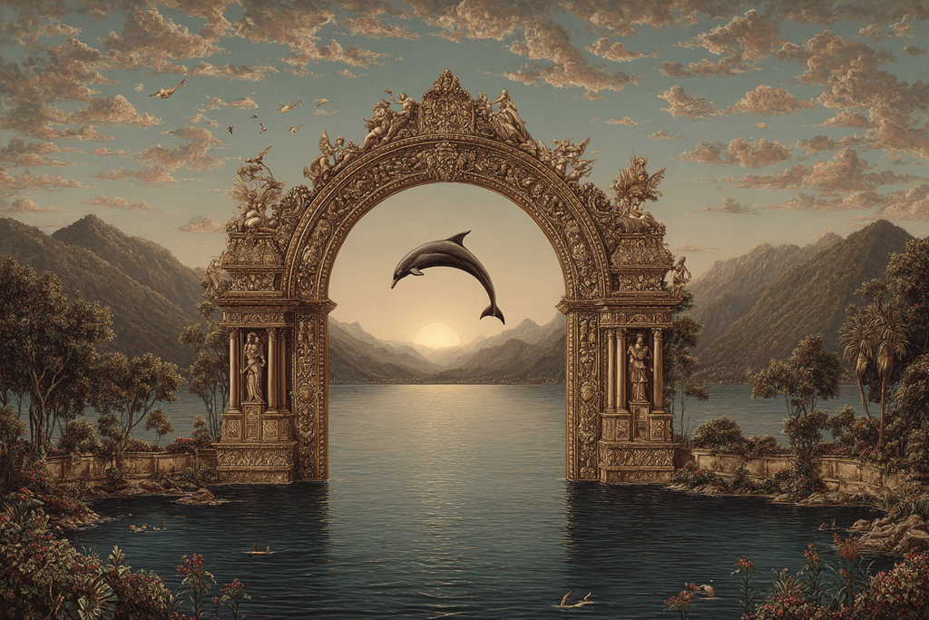 Archway Mountains Serene Water Dolphin Sunset Mystique | Klassisch | Einrichtungsstile