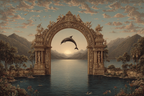 Archway Mountains Serene Water Dolphin Sunset Mystique | Klassisch | Einrichtungsstile