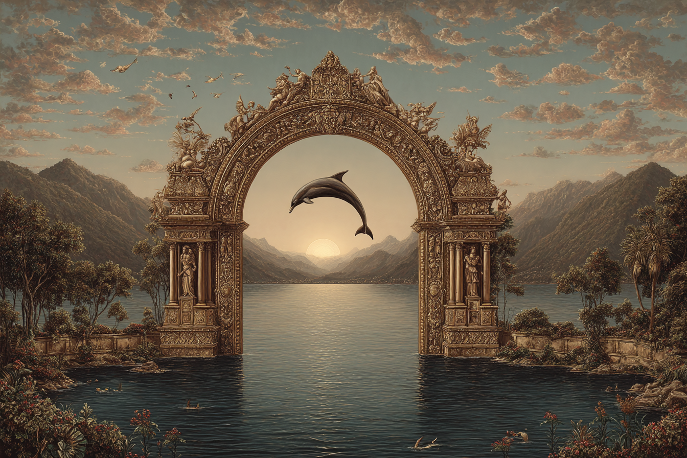 Archway Mountains Serene Water Dolphin Sunset Mystique | Klassisch | Einrichtungsstile
