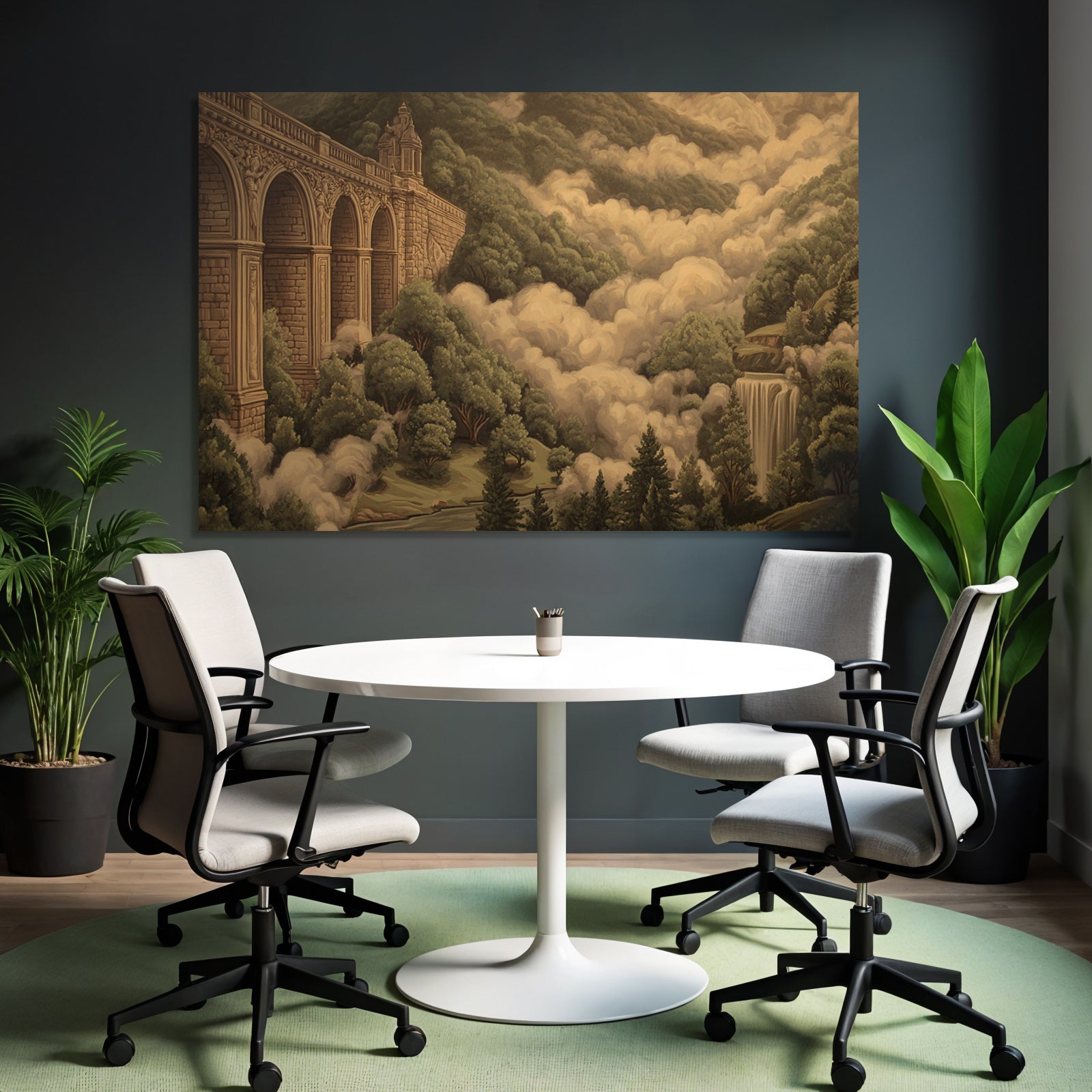 Bruecke Mit Boegen Umgeben Von Gruen Landlandschaft Mit Wasserfall