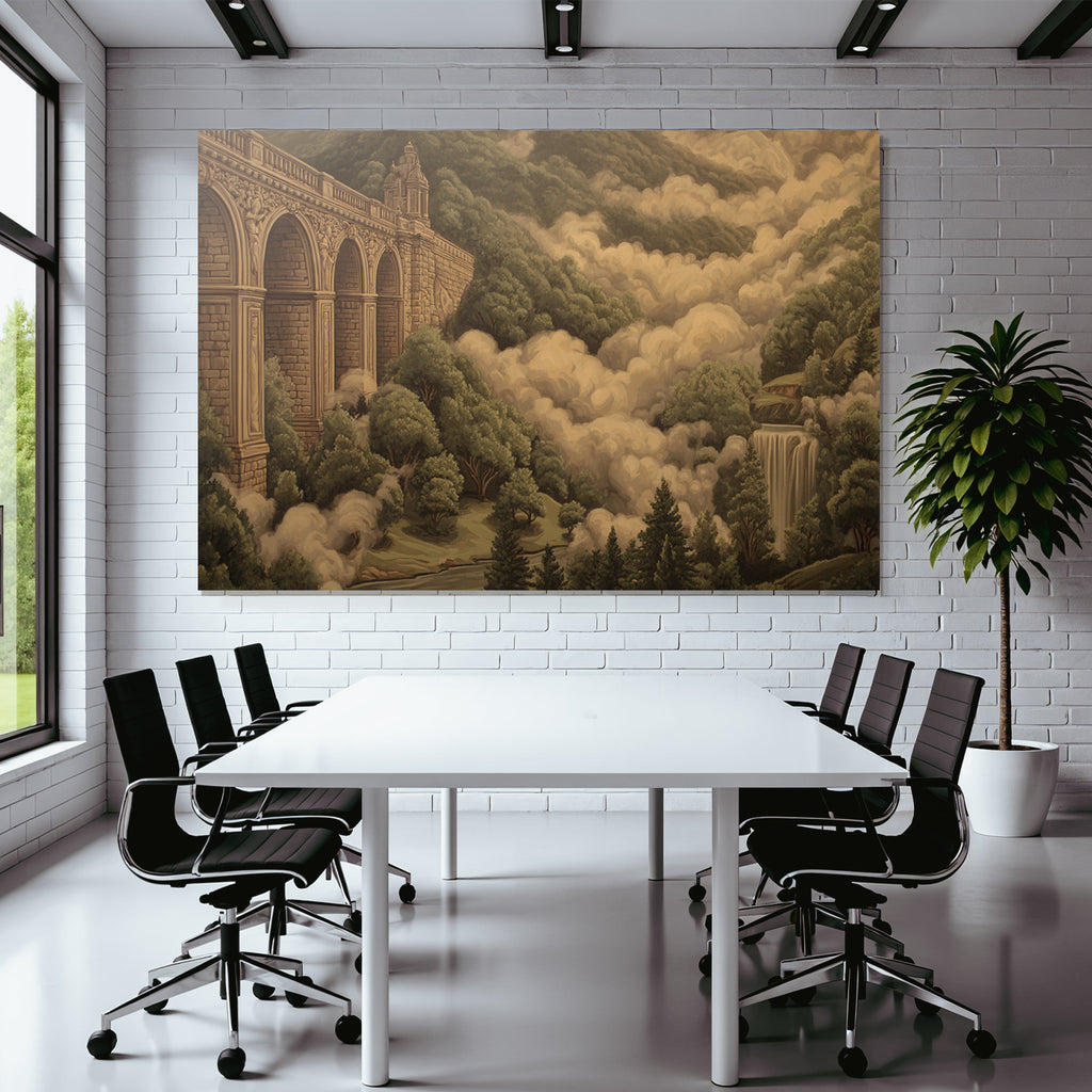 Bruecke Mit Boegen Umgeben Von Gruen Landlandschaft Mit Wasserfall
