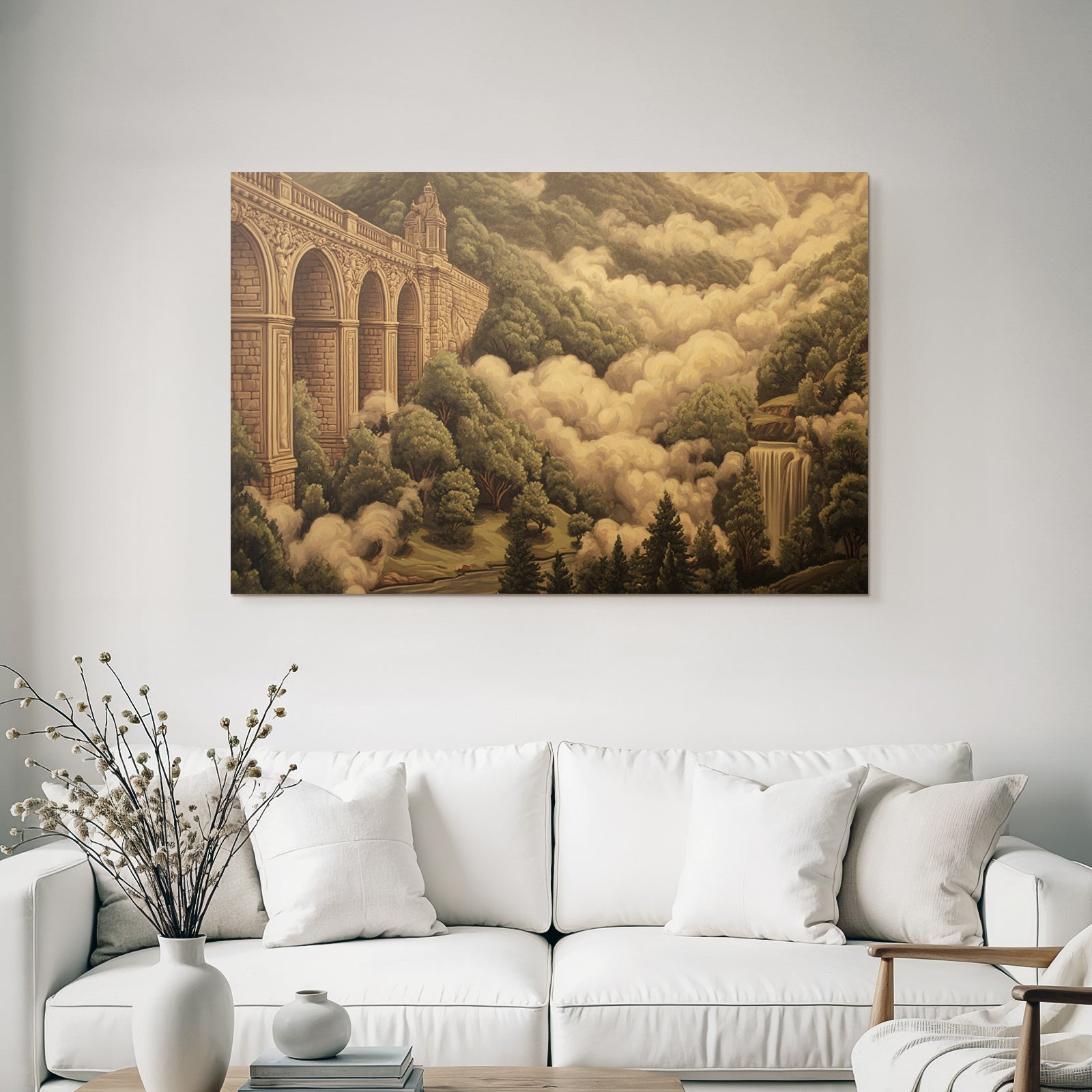 Bruecke Mit Boegen Umgeben Von Gruen Landlandschaft Mit Wasserfall