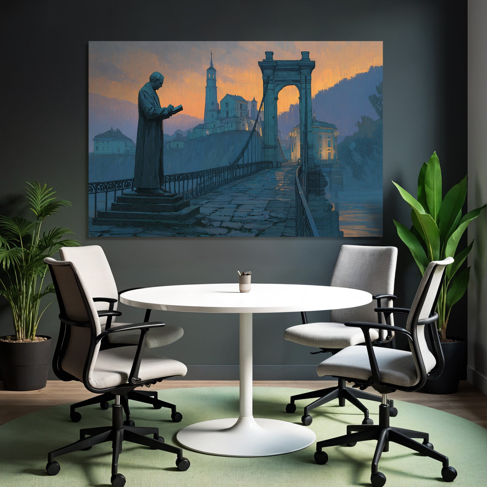 Bruecke Statue Leser Malerei Landschaft Hintergrund Sunset