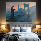 Bruecke Statue Leser Malerei Landschaft Hintergrund Sunset