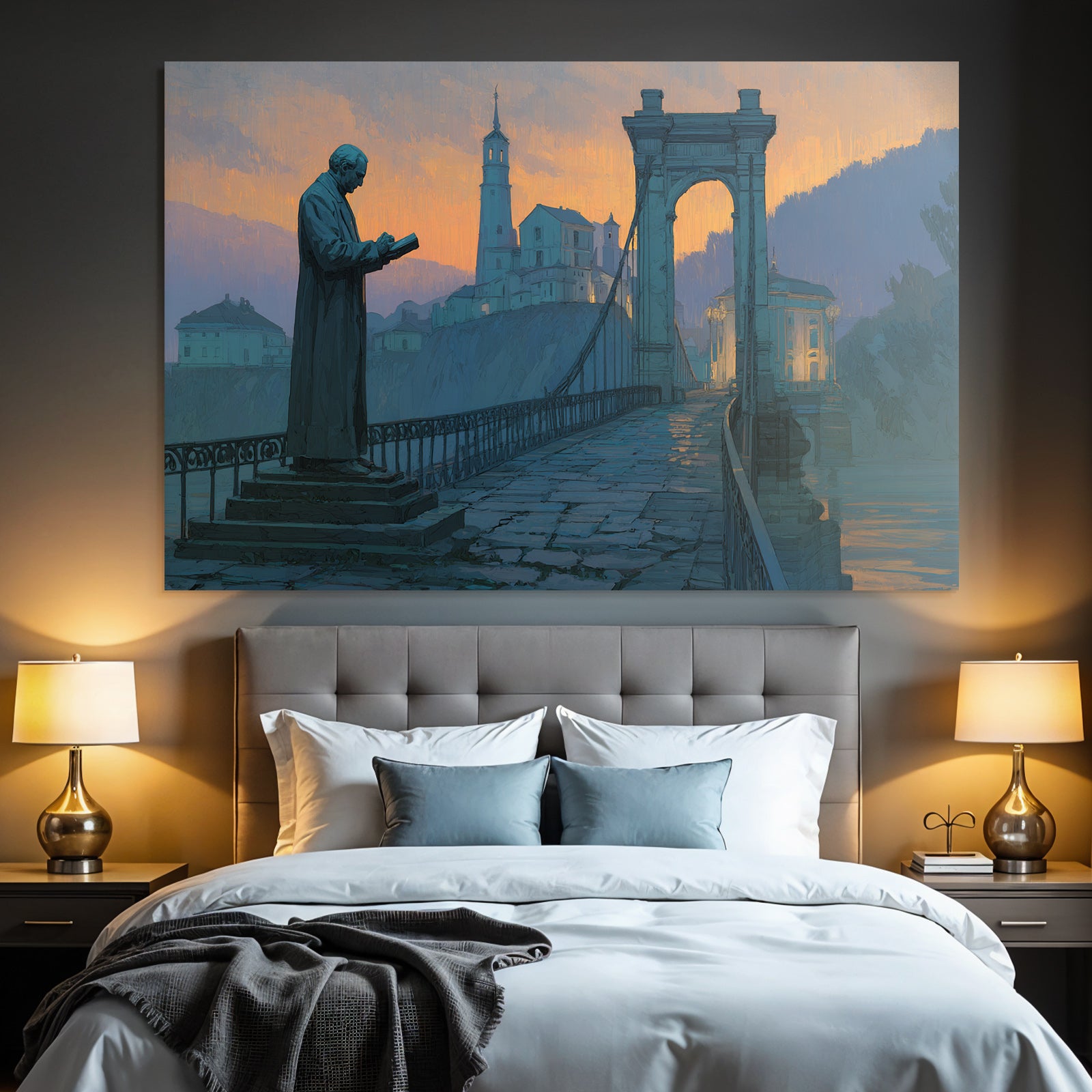 Bruecke Statue Leser Malerei Landschaft Hintergrund Sunset