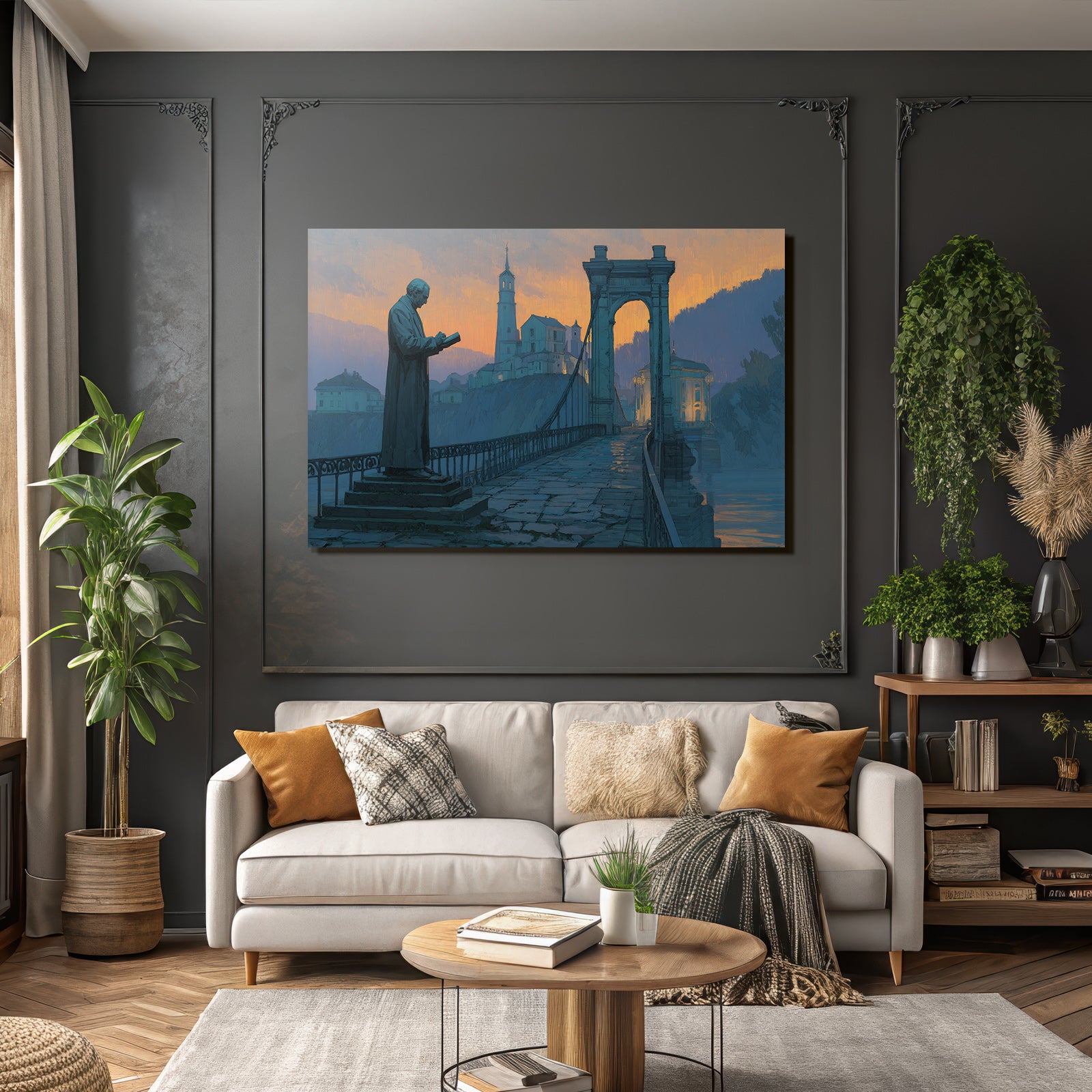 Bruecke Statue Leser Malerei Landschaft Hintergrund Sunset