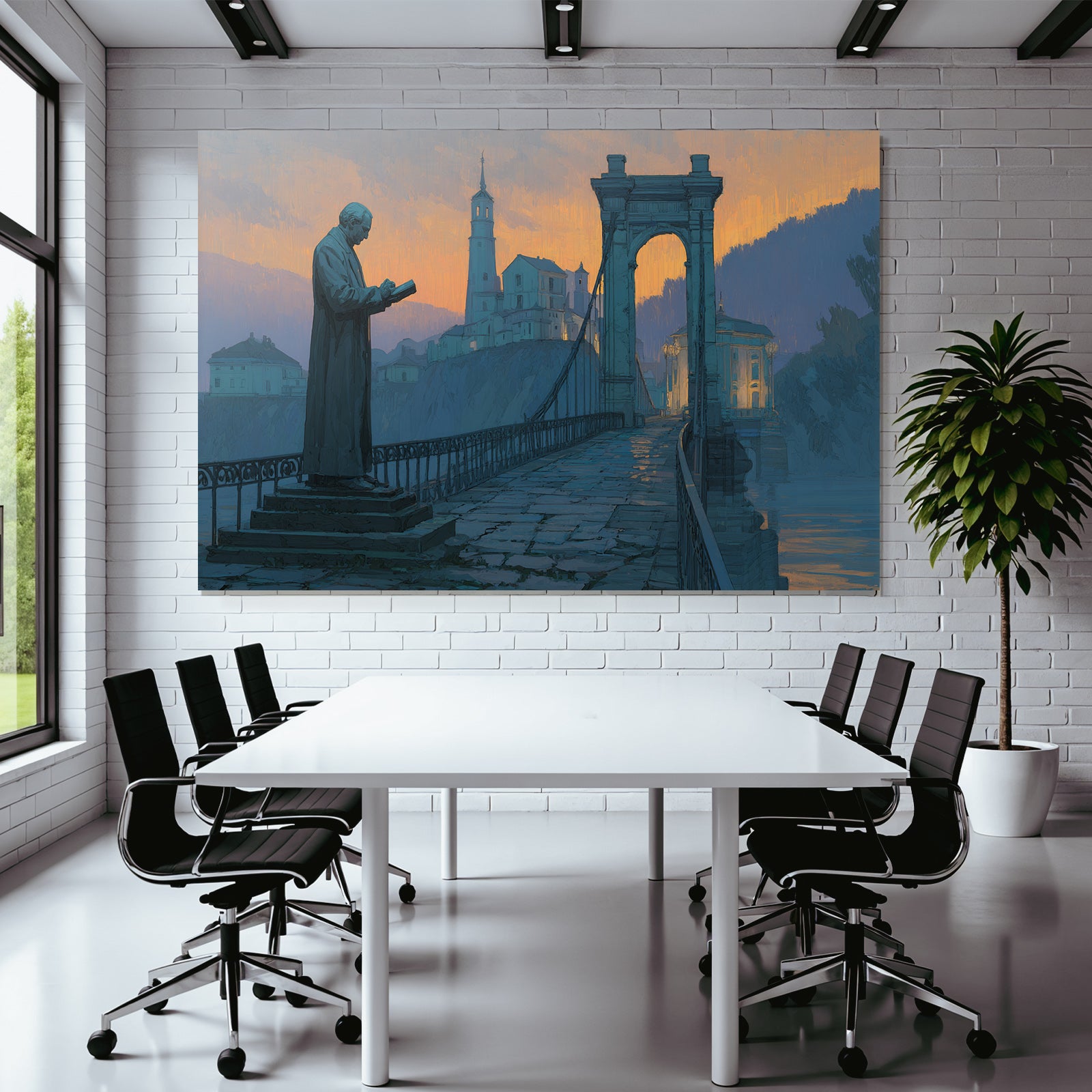Bruecke Statue Leser Malerei Landschaft Hintergrund Sunset