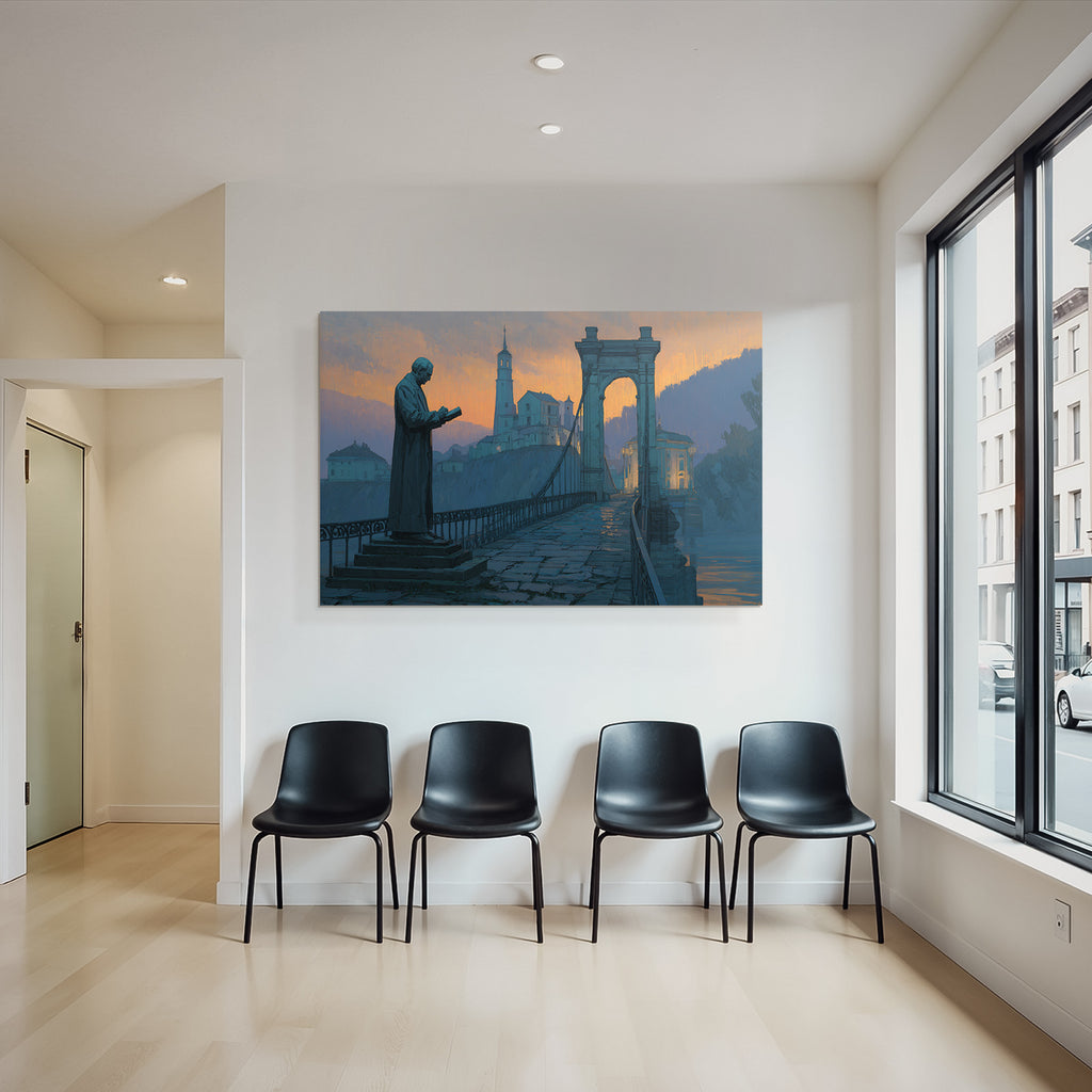 Bruecke Statue Leser Malerei Landschaft Hintergrund Sunset