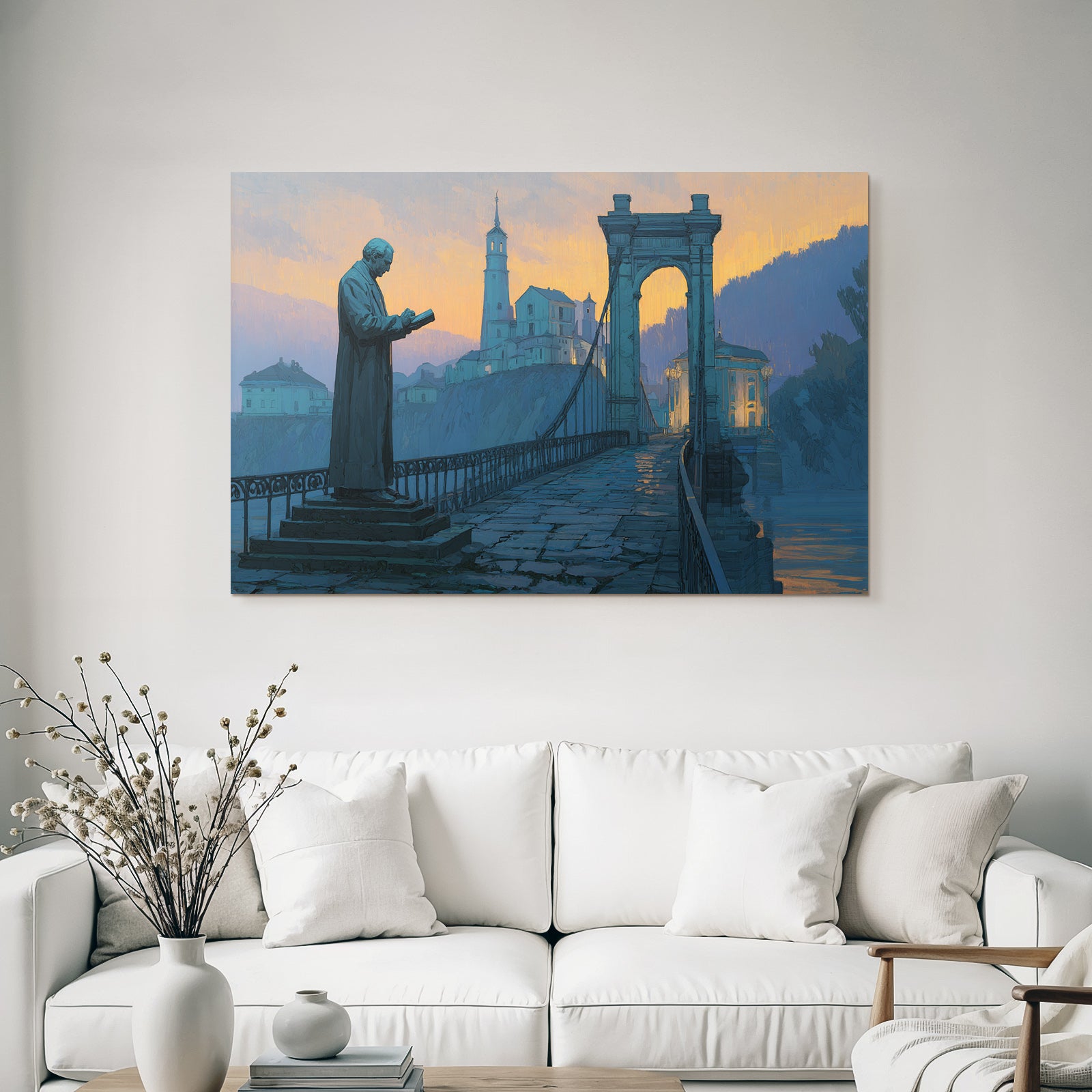 Bruecke Statue Leser Malerei Landschaft Hintergrund Sunset