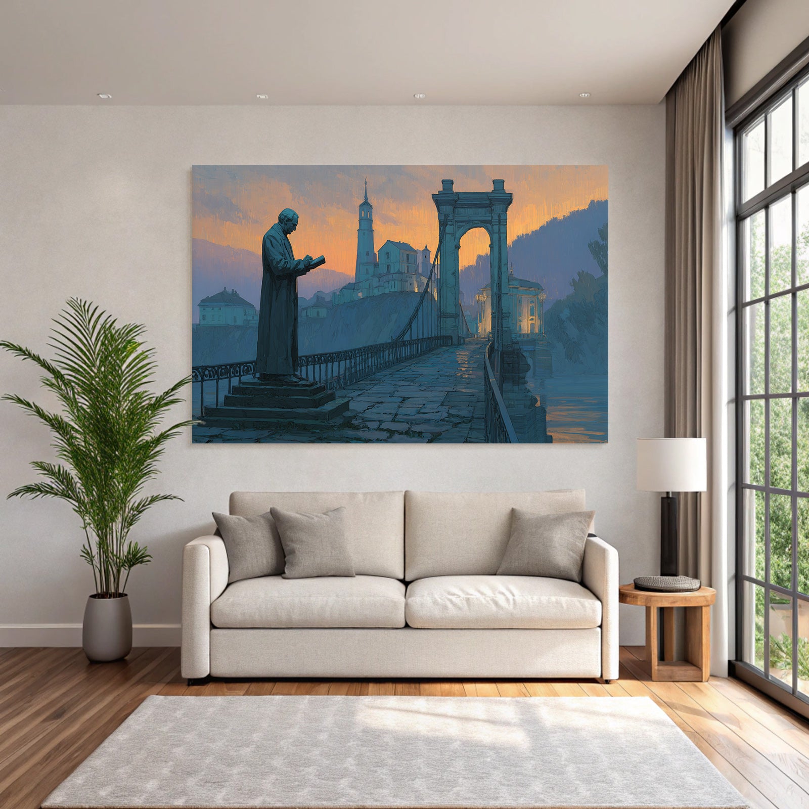 Bruecke Statue Leser Malerei Landschaft Hintergrund Sunset