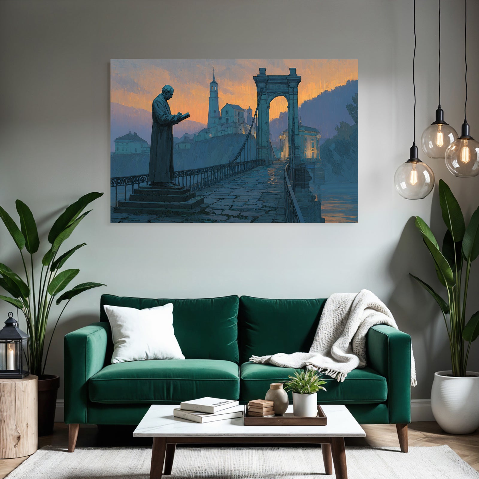Bruecke Statue Leser Malerei Landschaft Hintergrund Sunset