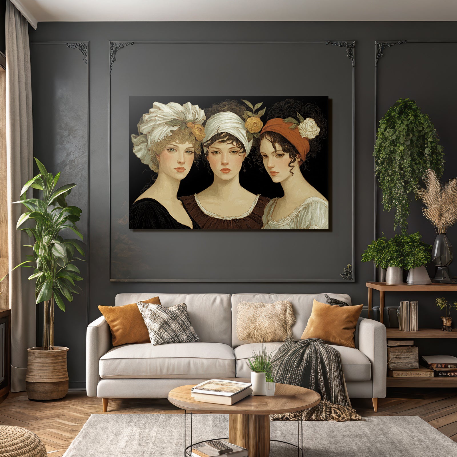 Drei Frauen Mit Blumen Accessoires Kunstvolle Illustration