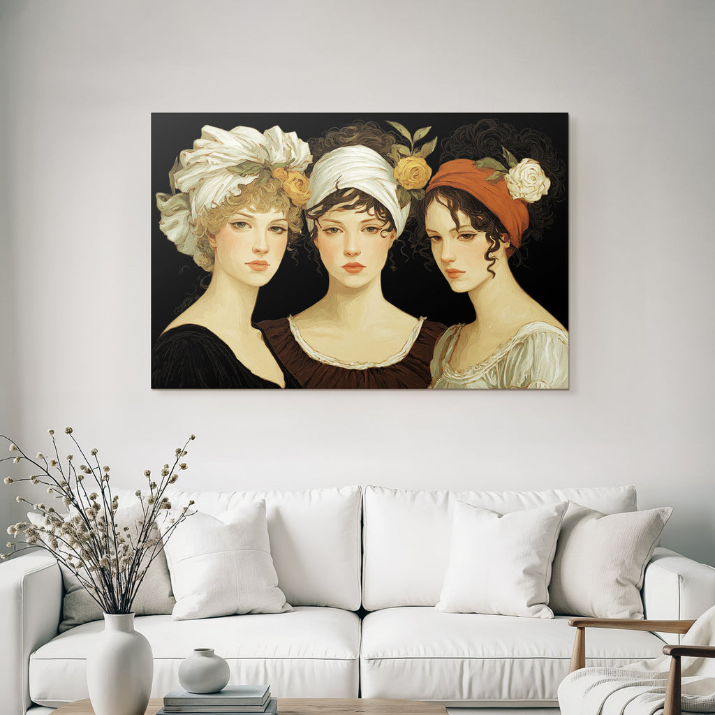 Drei Frauen Mit Blumen Accessoires Kunstvolle Illustration