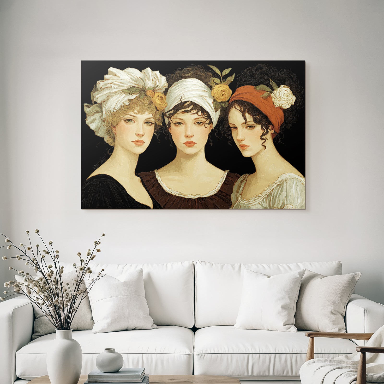 Drei Frauen Mit Blumen Accessoires Kunstvolle Illustration