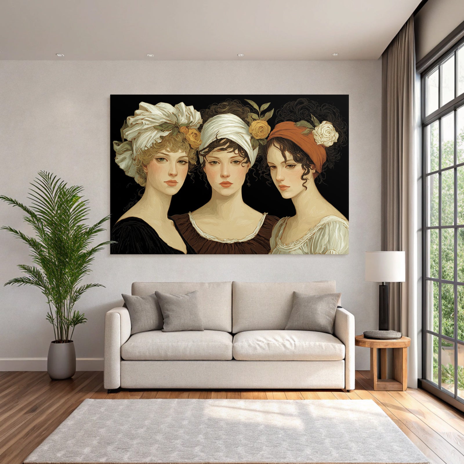 Drei Frauen Mit Blumen Accessoires Kunstvolle Illustration