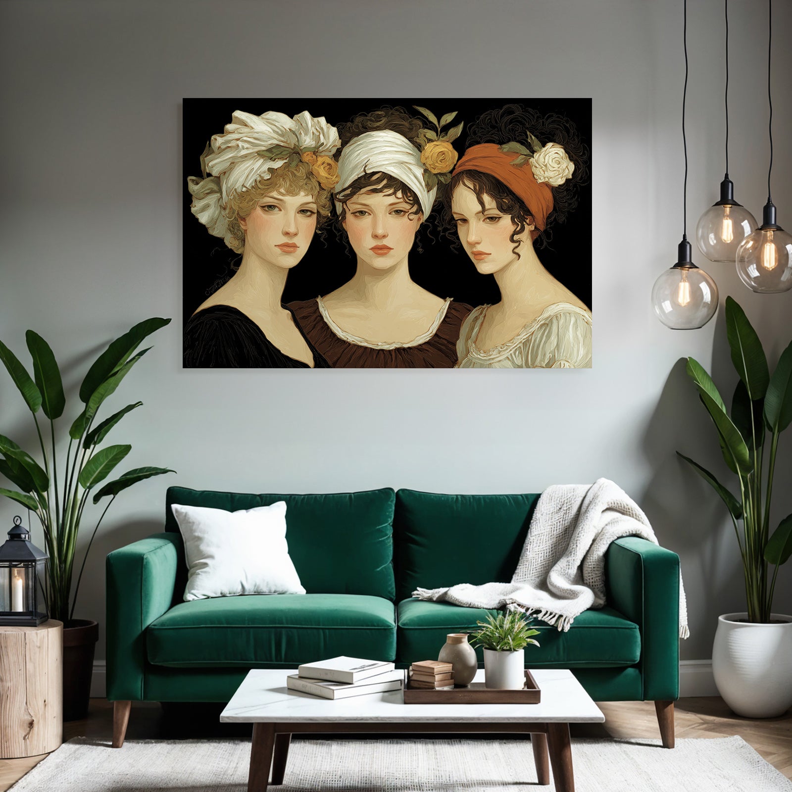Drei Frauen Mit Blumen Accessoires Kunstvolle Illustration